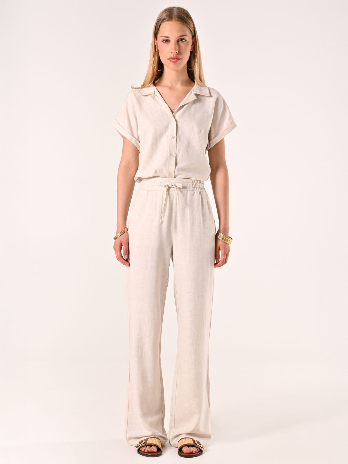 Pantaloni Beige Ampi in Lino Cotone