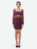 Mini abito bordeaux rosso in tulle con corpetto steccato