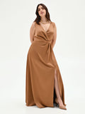 Abito curvy lungo marrone bronzo con scollo drappeggiato