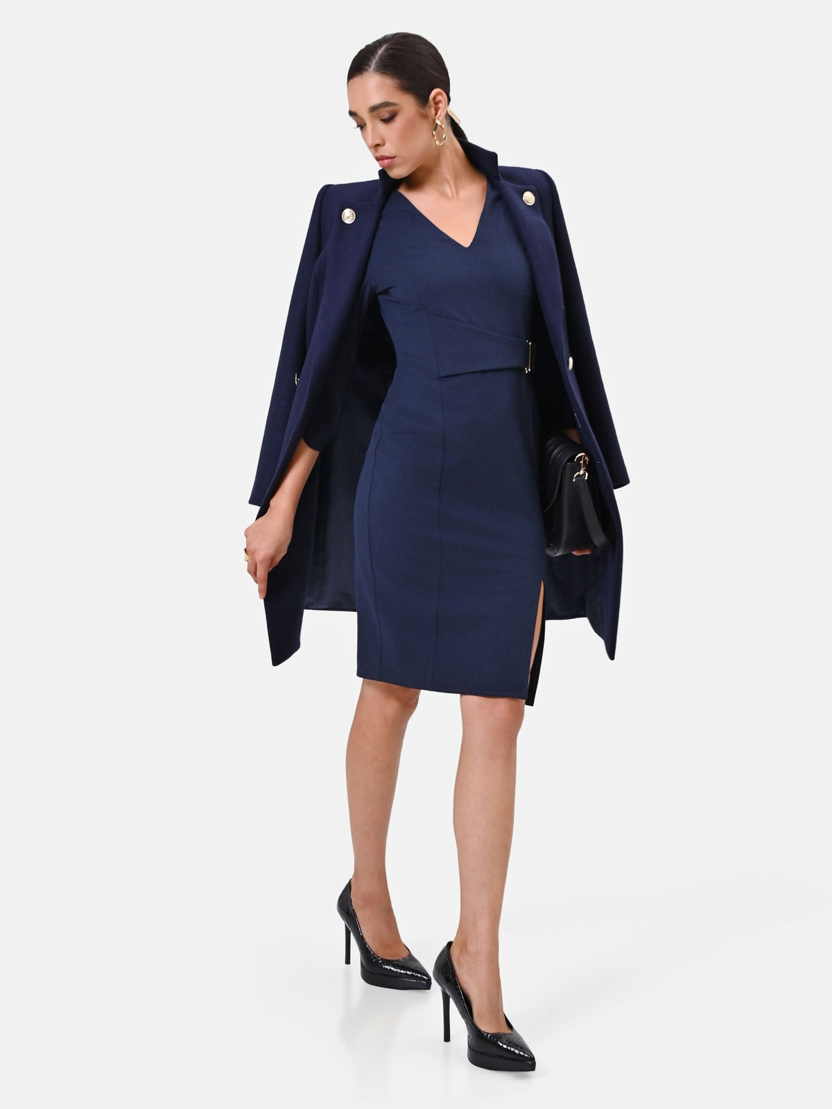 Abito tubino in misto viscosa blu navy con incrocio