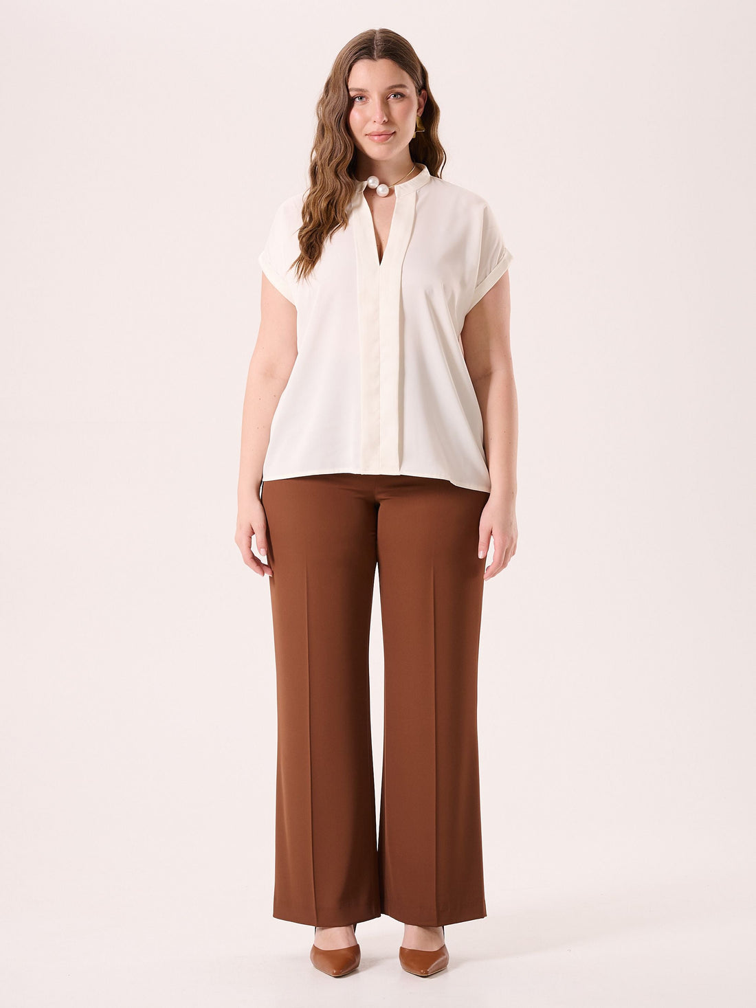 Blusa Curvy con Collo alla Coreana Bianca