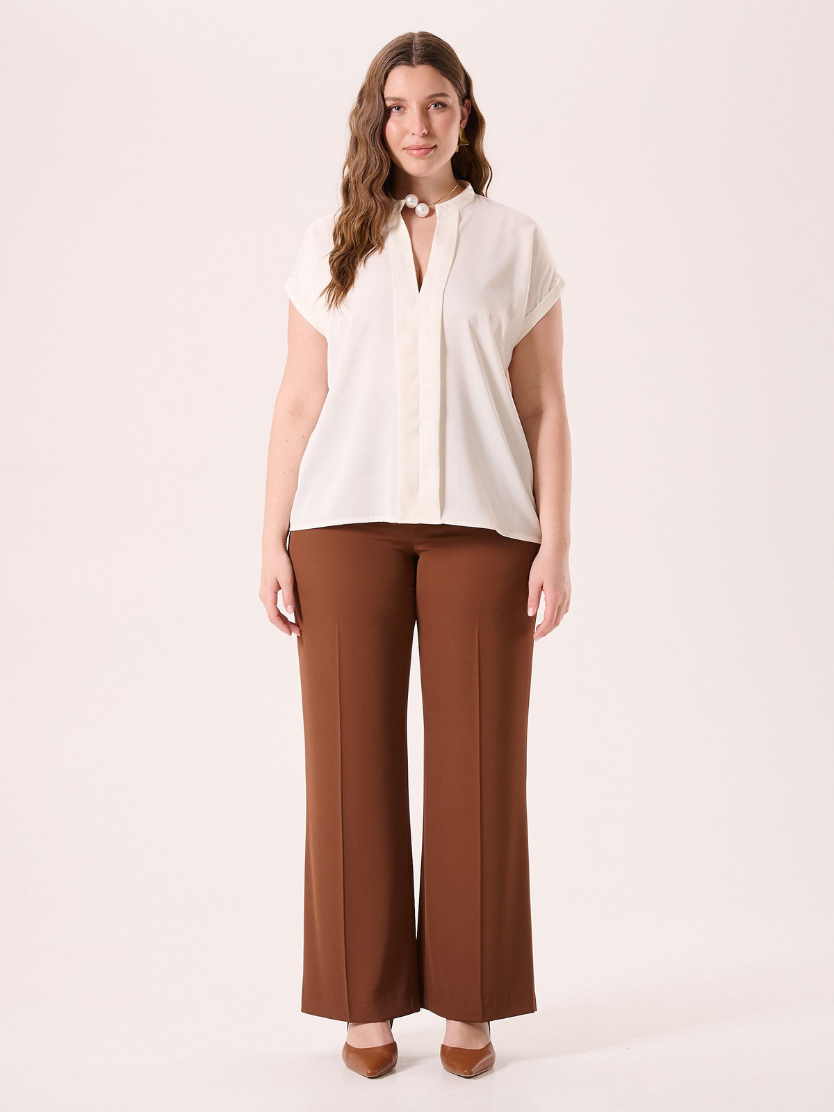 Blusa Curvy con Collo alla Coreana Bianca