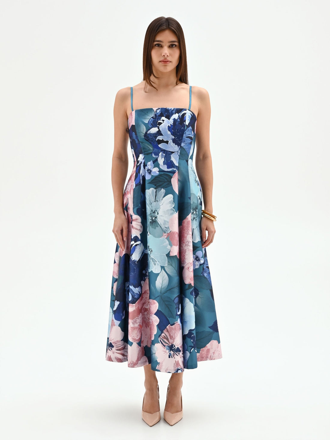 Abito midi blu ottanio con stampa floreale
