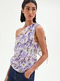 Top monospalla viola lilla con stampa floreale