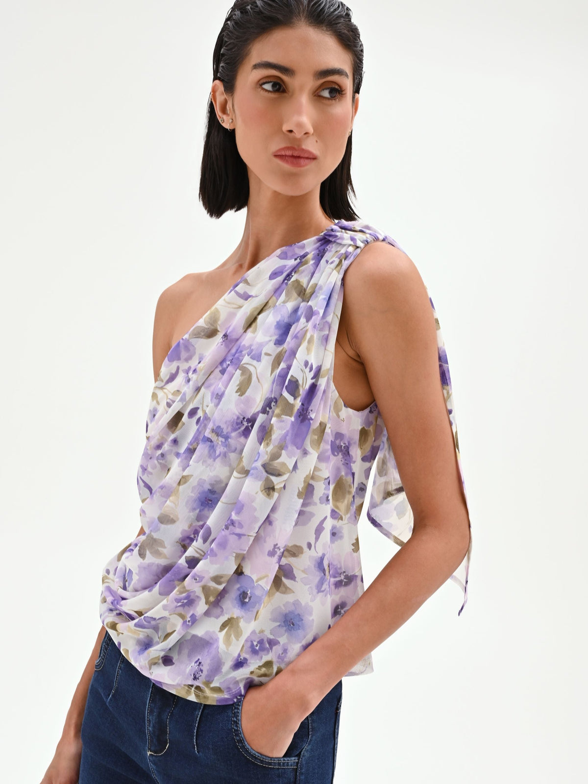 Top monospalla viola lilla con stampa floreale