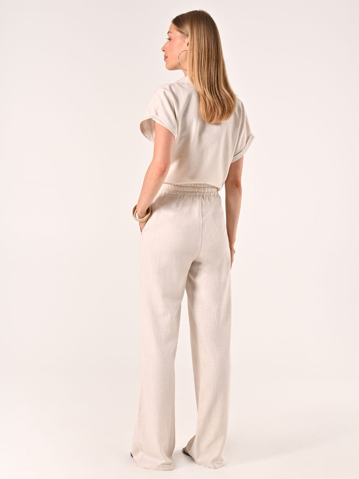 Pantaloni Beige Ampi in Lino Cotone