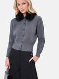 Cardigan in viscosa grigio scuro con collo effetto pelliccia