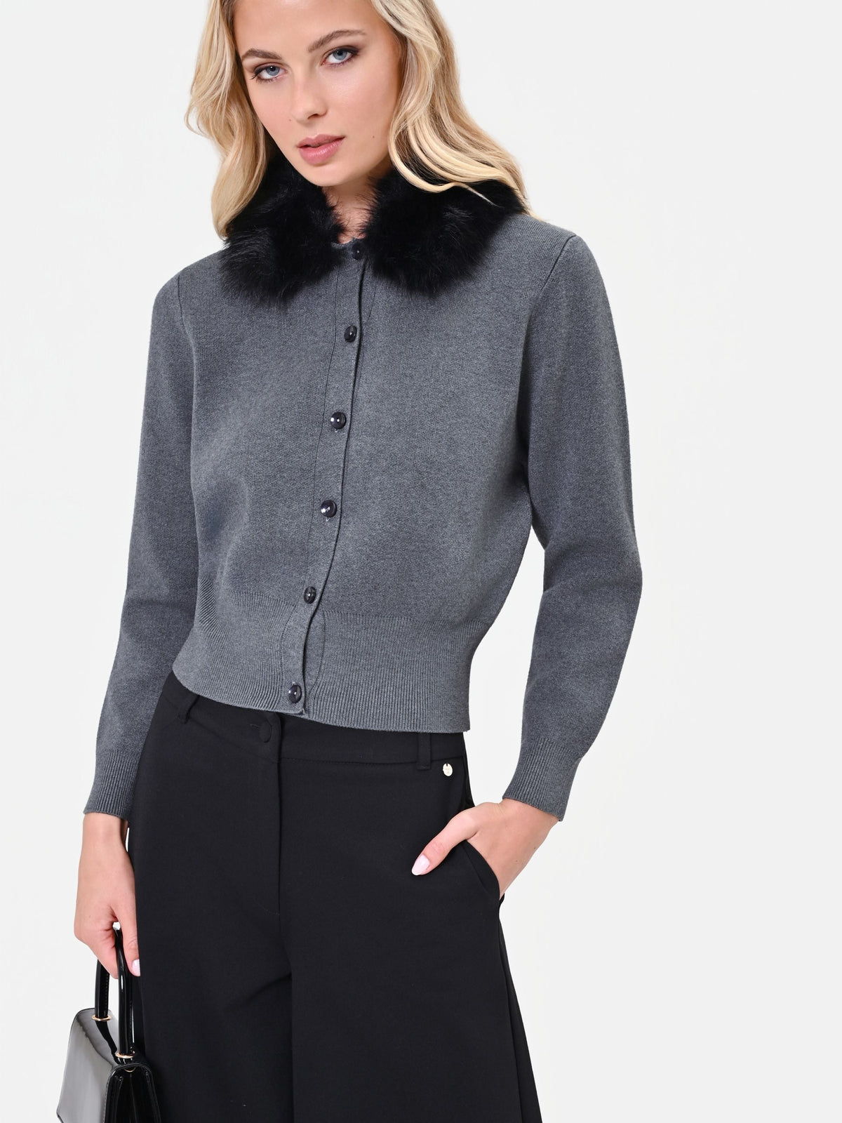 Cardigan in viscosa grigio scuro con collo effetto pelliccia