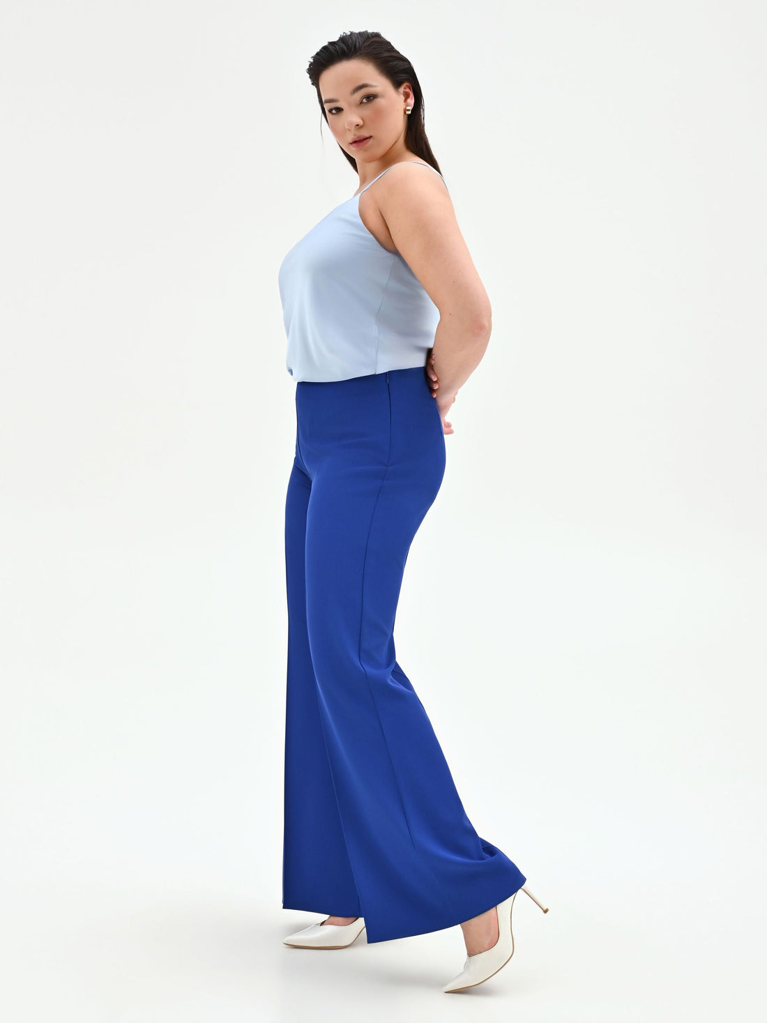 Pantalone Curvy a palazzo blu cina dalla linea fluida in cadi