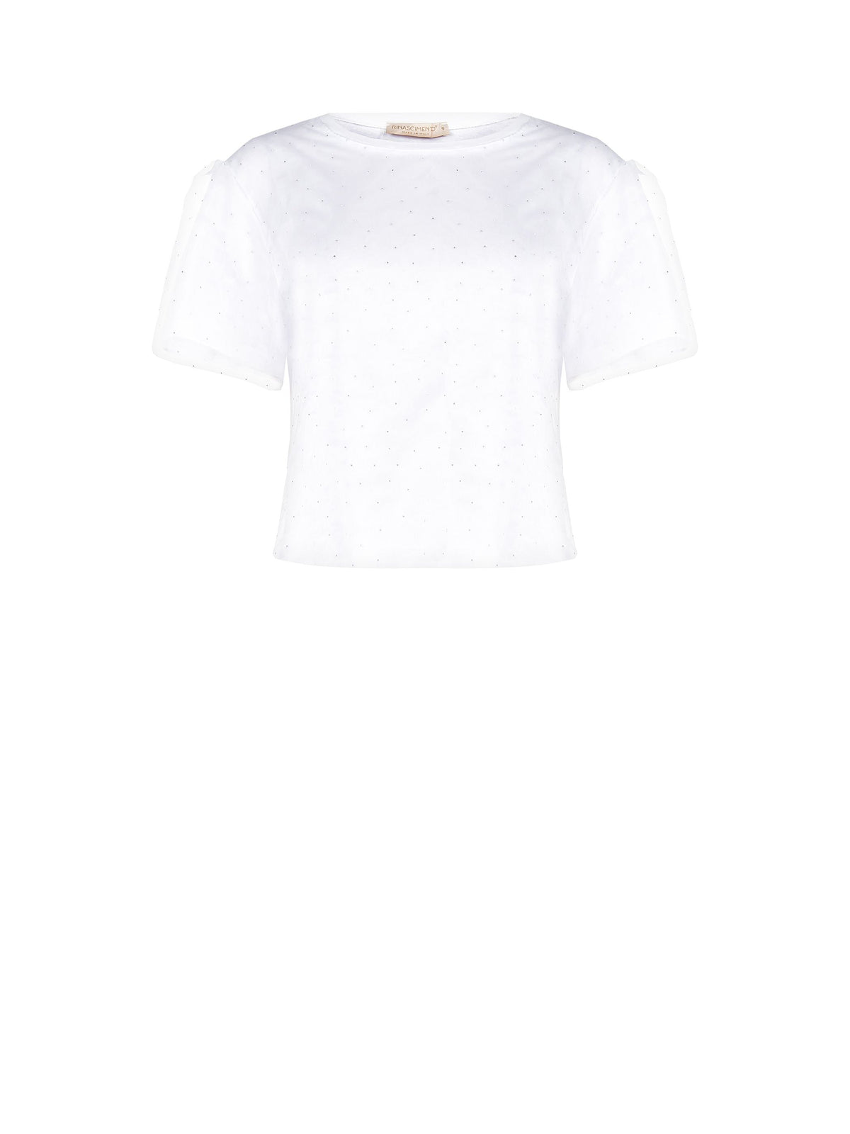 T-shirt bianca con doppio velo e applicazioni brillanti