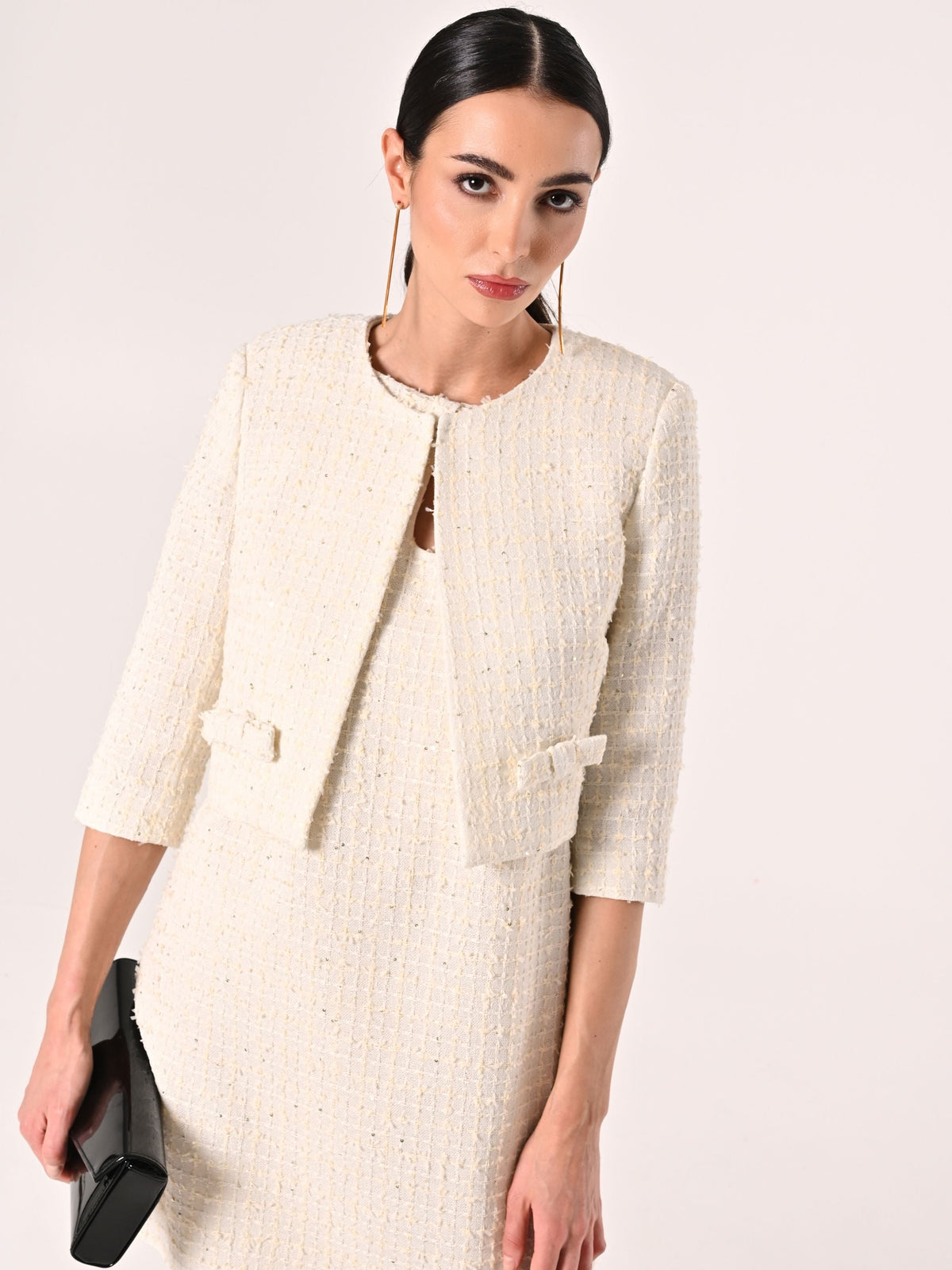 Giacca Beige Chiaro in Tweed con Micro Paillettes