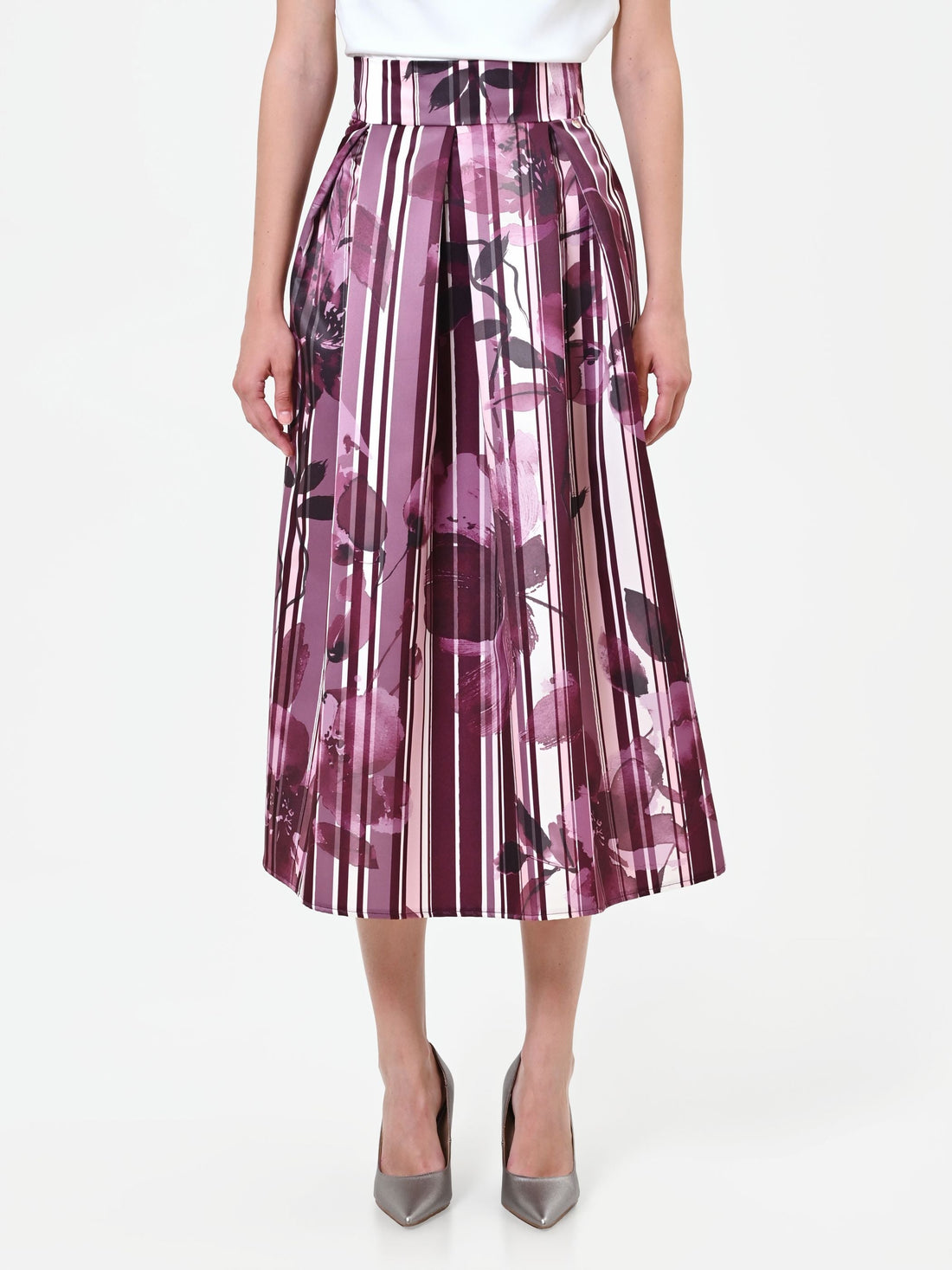 Gonna midi plissettata rosso bordeaux con fantasia floreale