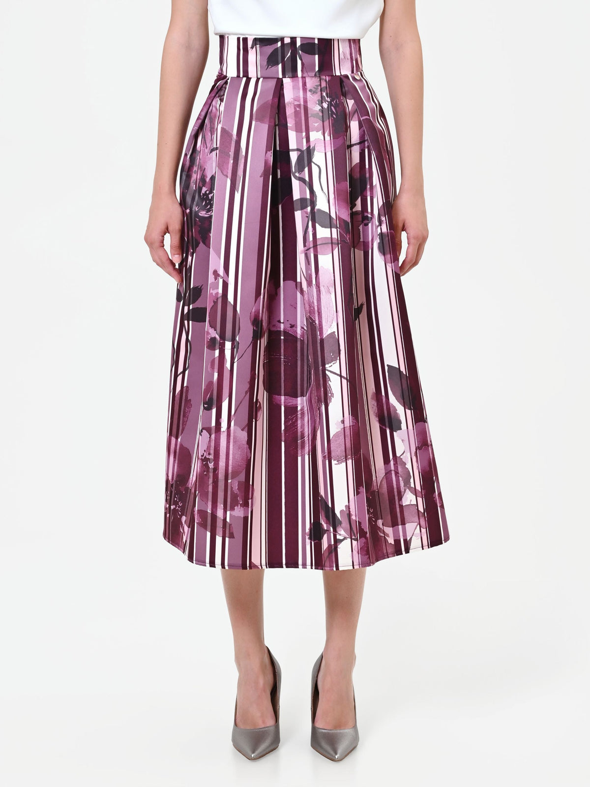 Gonna midi plissettata rosso bordeaux con fantasia floreale