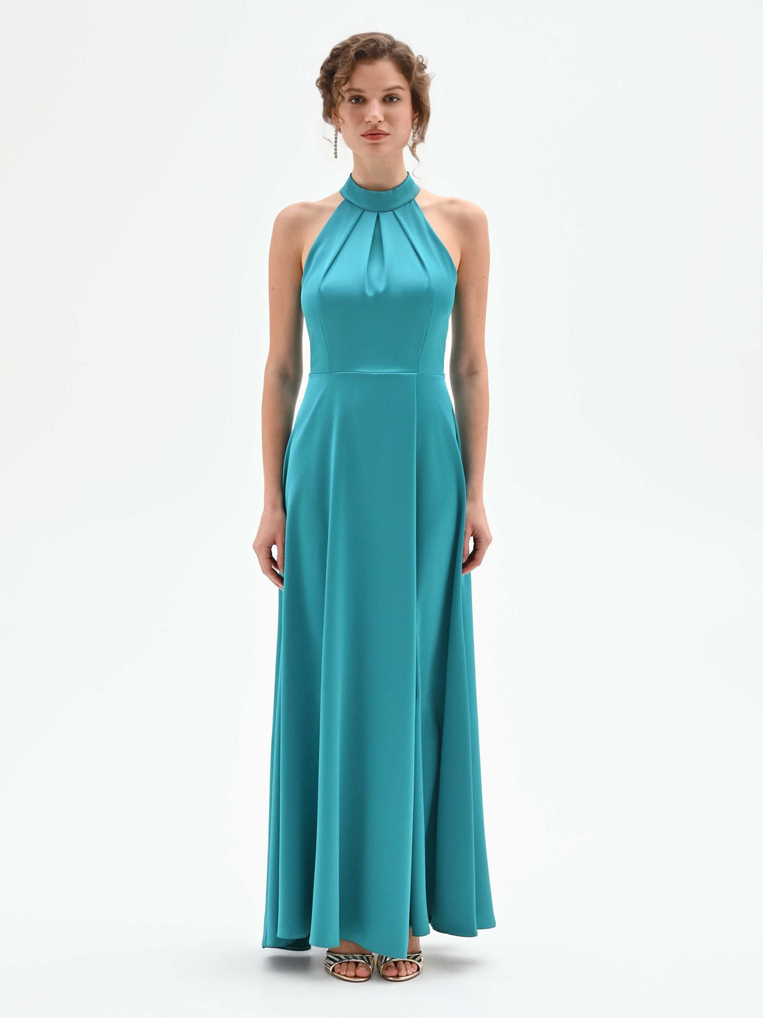 Abito lungo atelier verde smeraldo in raso con scollo all'americana