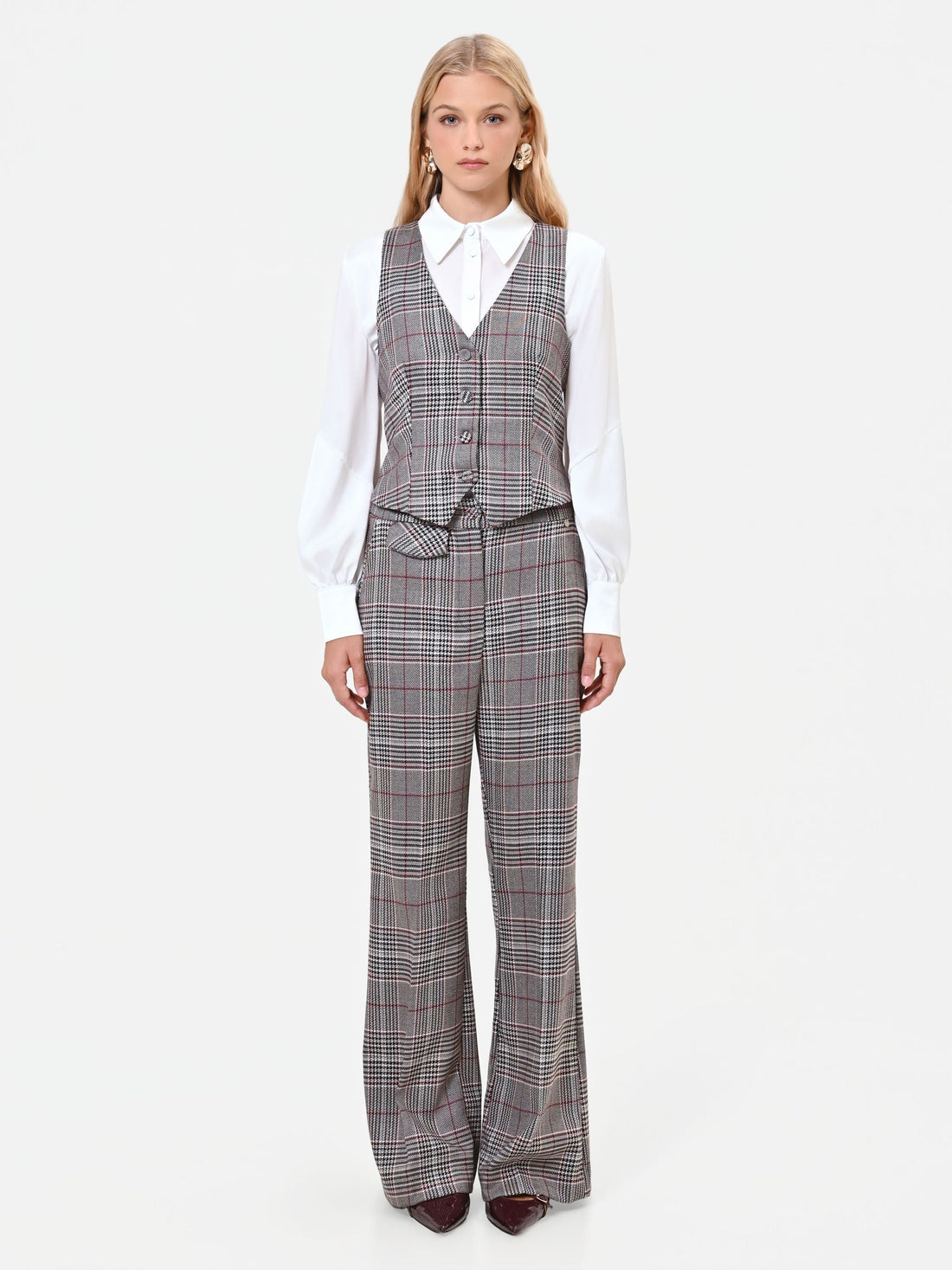 Pantalone a gamba larga principe di galles tortora beige in poliviscosa