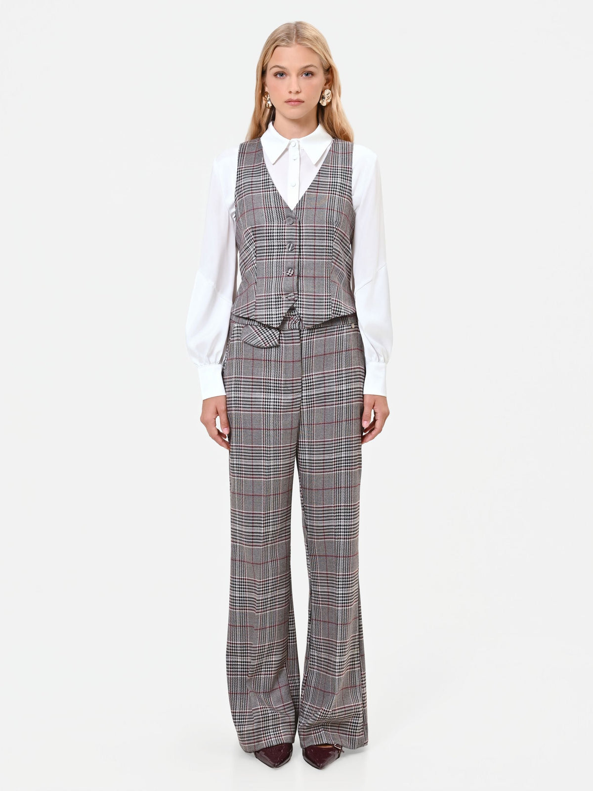 Pantalone a gamba larga principe di galles tortora beige in poliviscosa