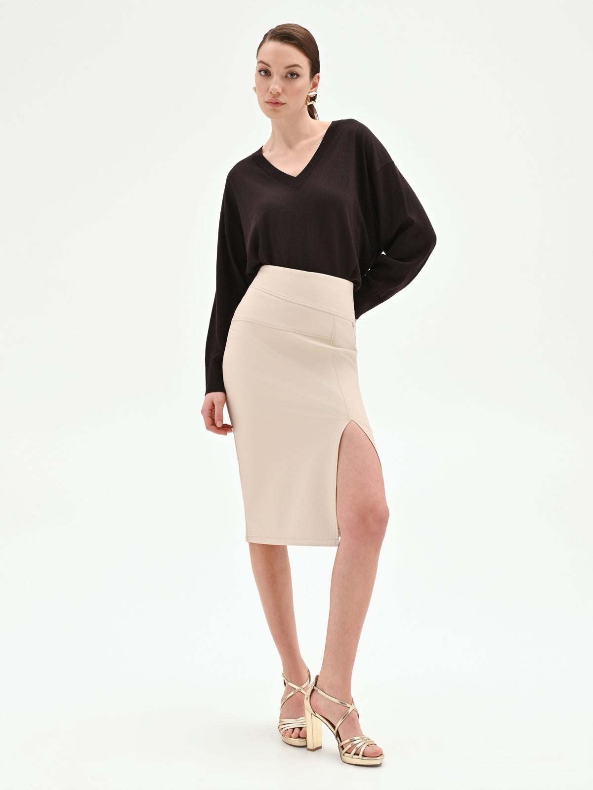 Gonna longuette tortora beige in similpelle