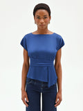 Blusa blu brillante con drappeggio in vita