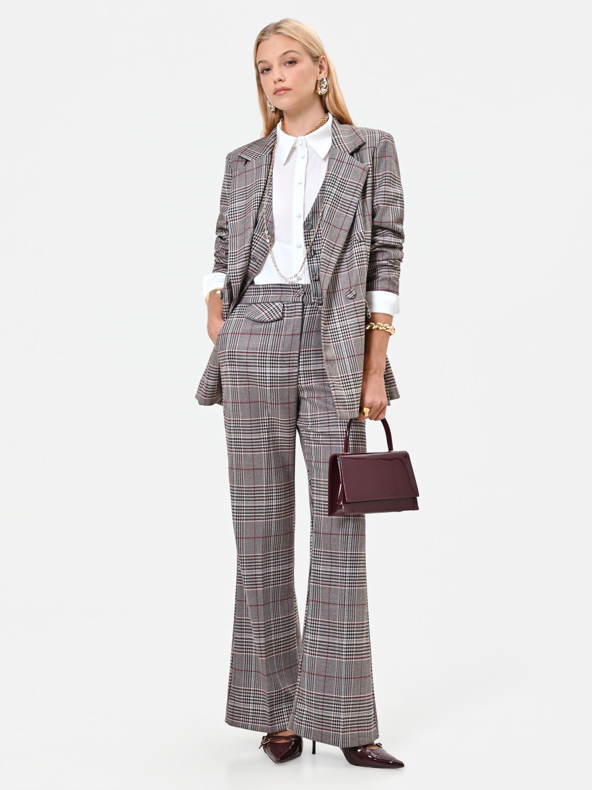 Pantalone a gamba larga principe di galles tortora beige in poliviscosa