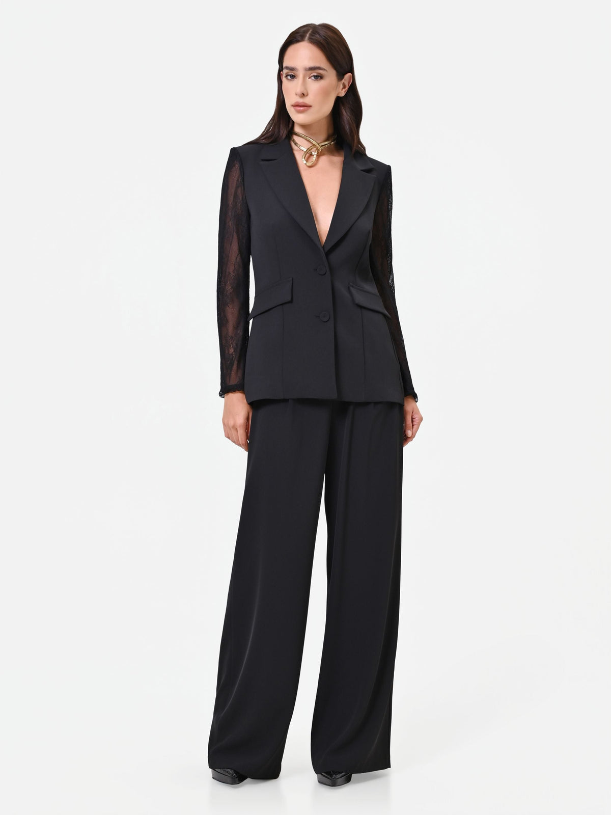 Pantalone palazzo nero con fascia in pizzo