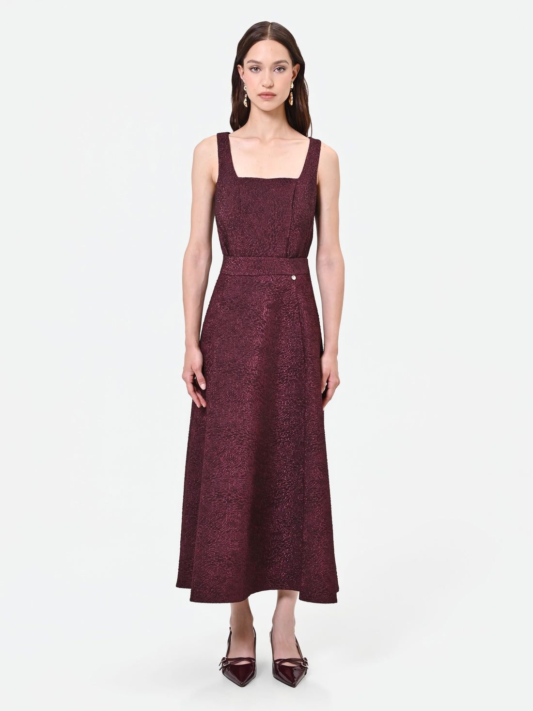 Gonna midi bordeaux intessuto jacquard lamé