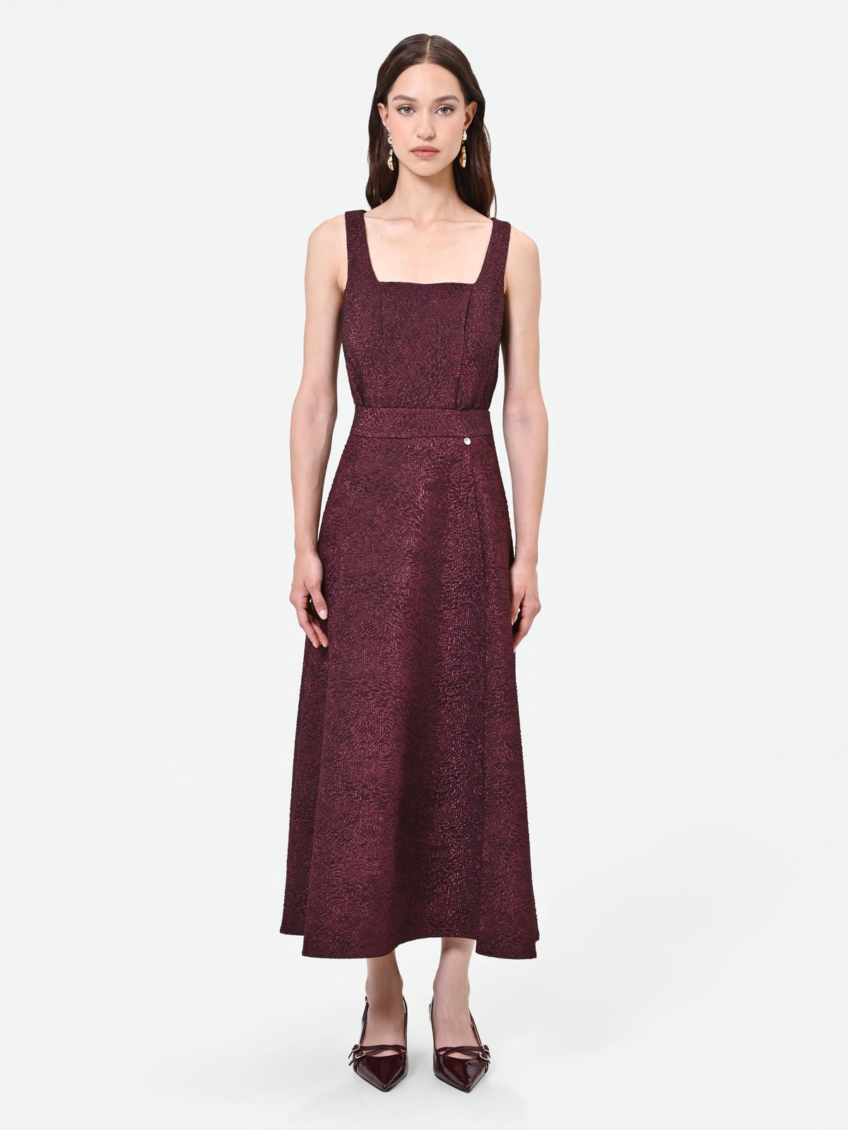 Gonna midi bordeaux intessuto jacquard lamé