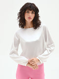 Blusa bianca in raso con scollo a barchetta