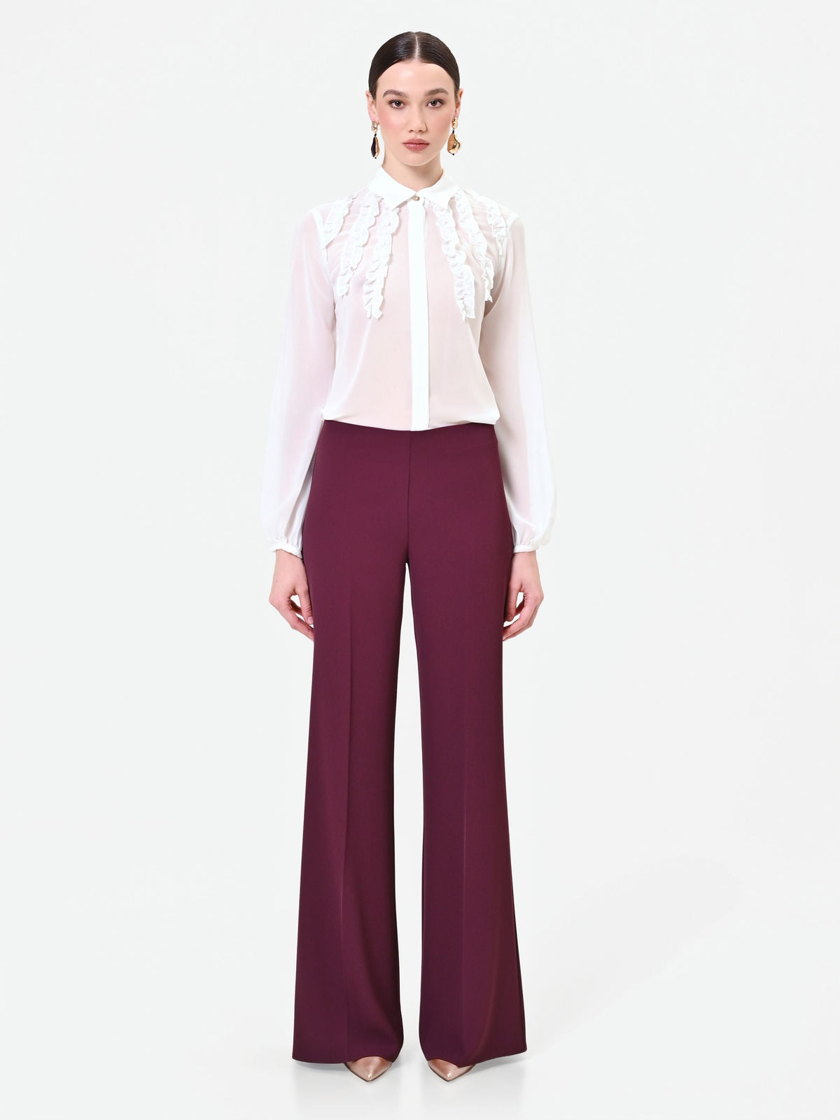 Pantalone a palazzo bordeaux in cadi dalla gamba ampia e dritta