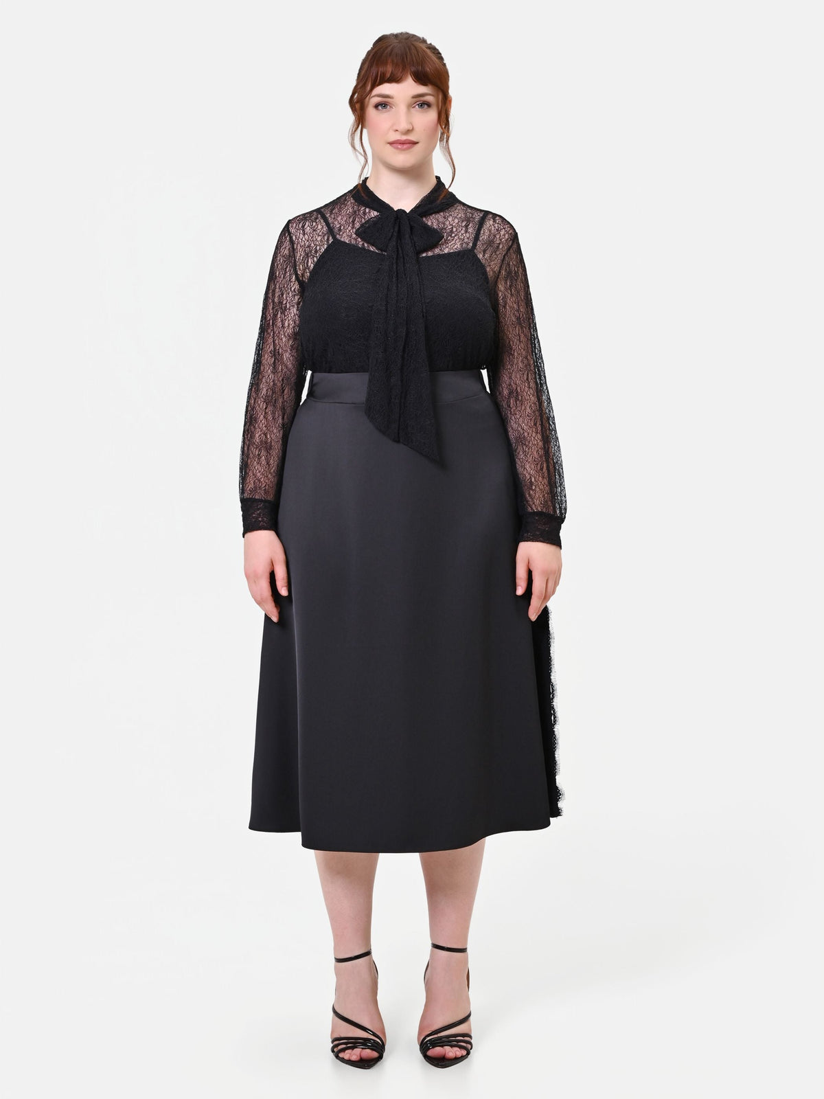 Gonna Midi Curvy in Raso con Inserti in Pizzo