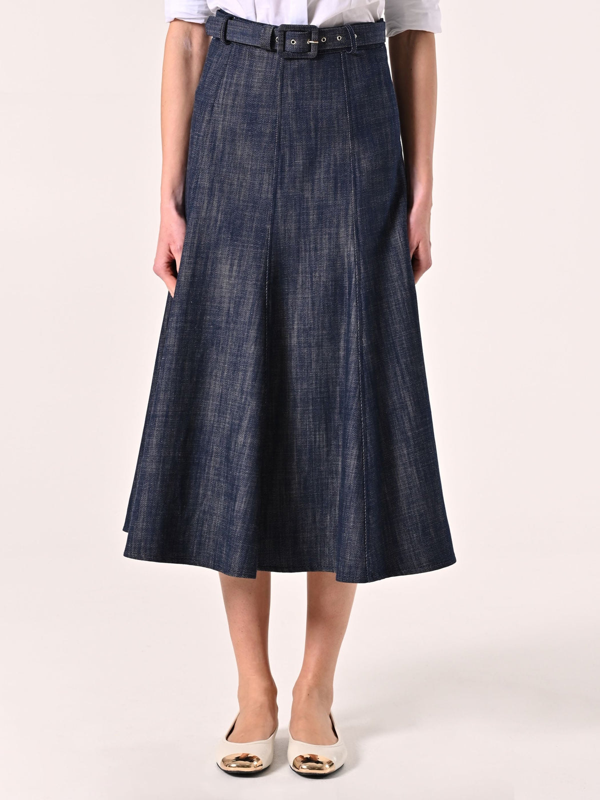 Gonna Midi in Denim con Cintura Ricoperta