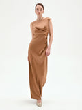 Abito lungo marrone bronzo con drappeggio asimmetrico