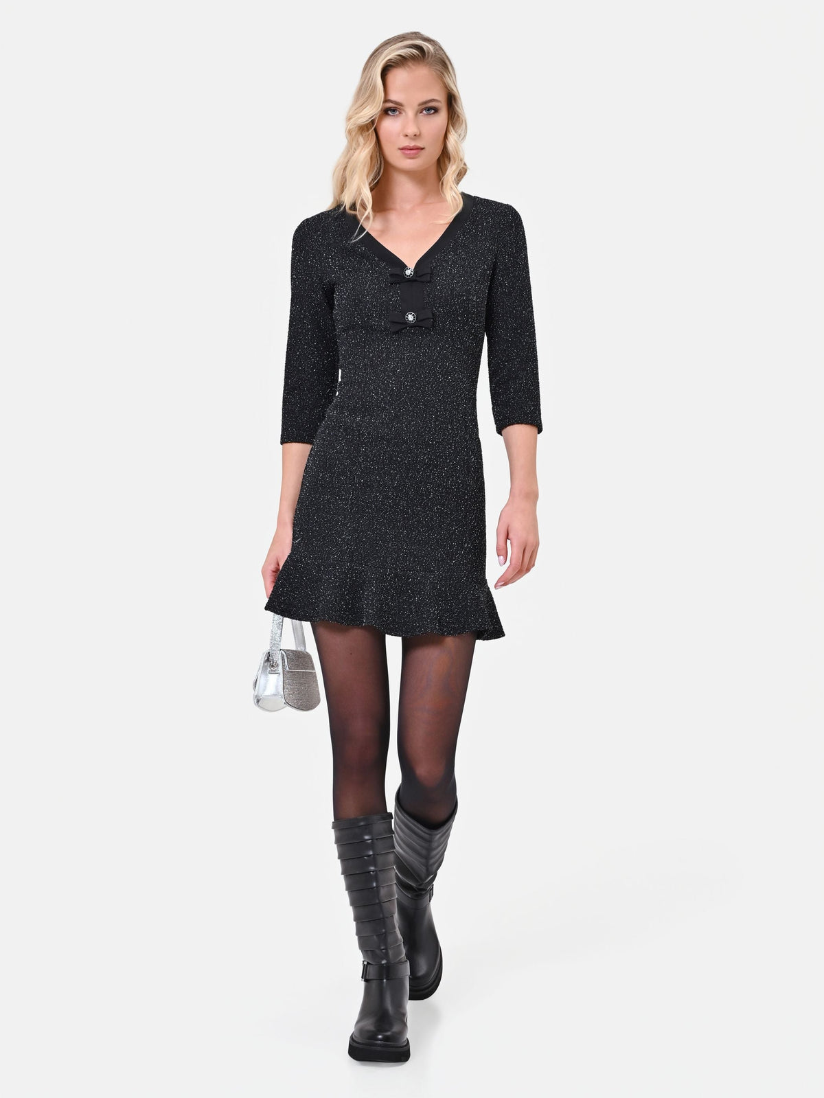 Abito corto nero in tweed con fiocchi