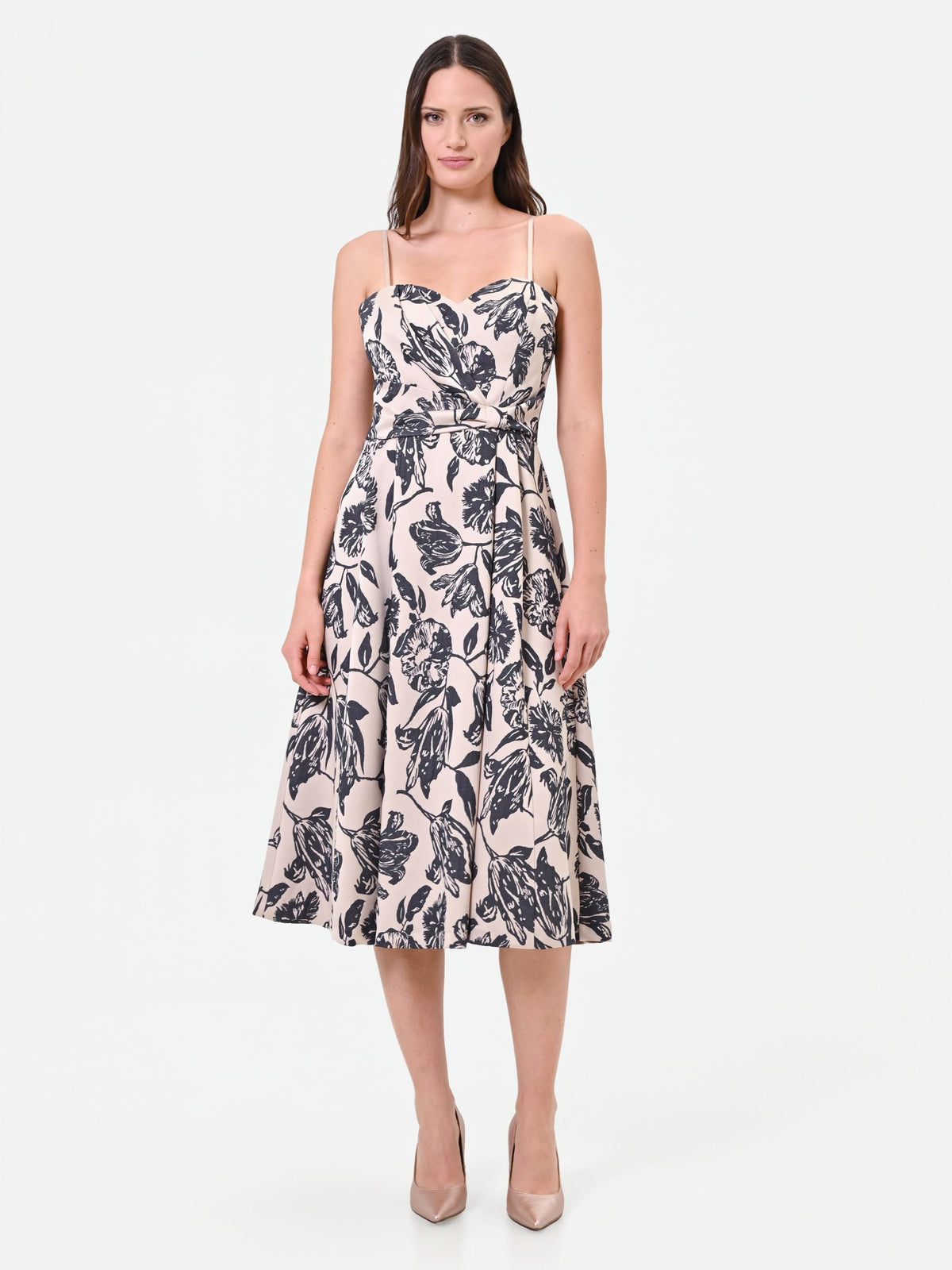 Abito midi in jacquard con stampa floreale blu navy