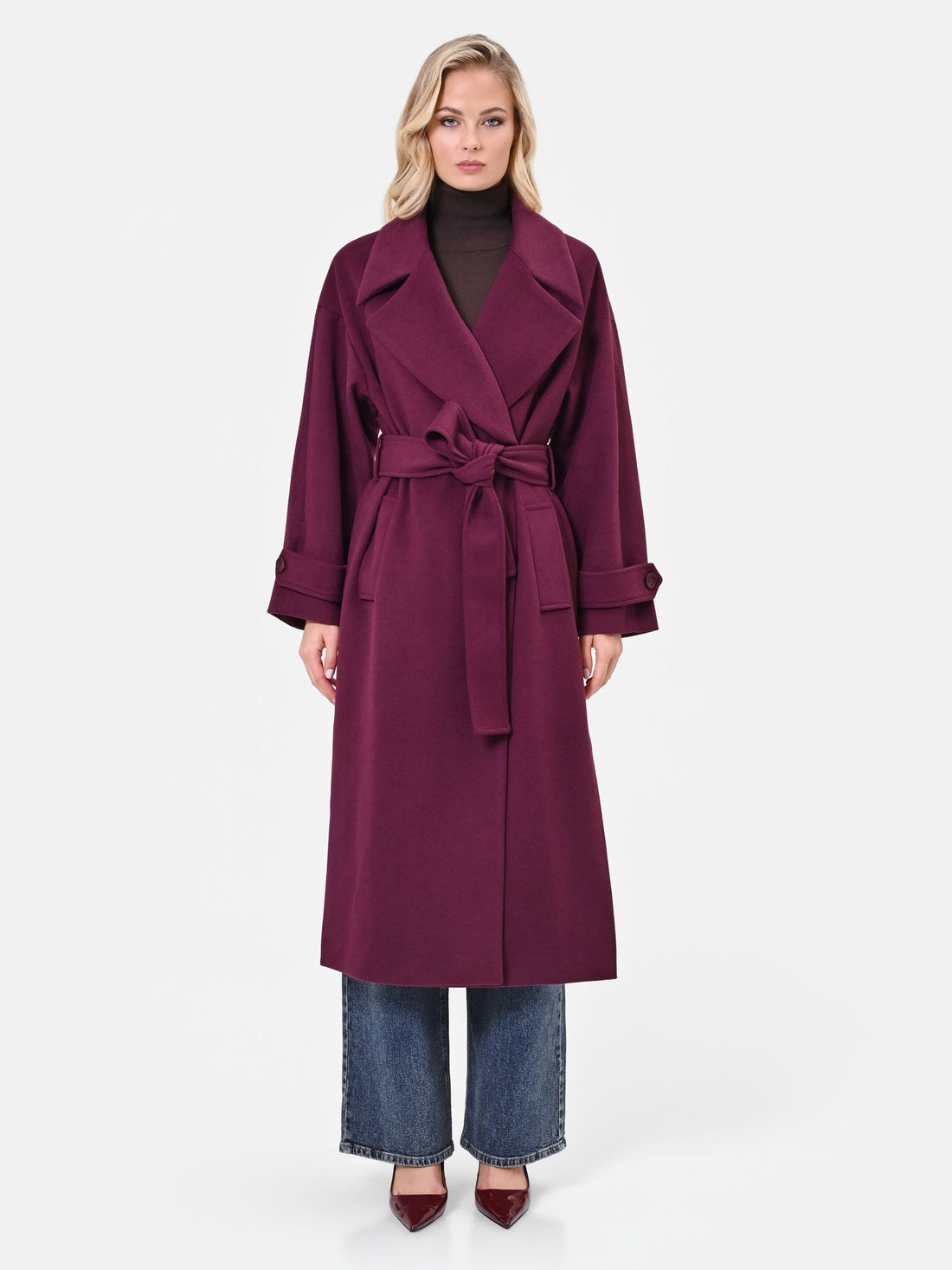 Cappotto lungo bordeaux a vestaglia in velour