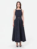 Abito blu navy jacquard con gonna ampia