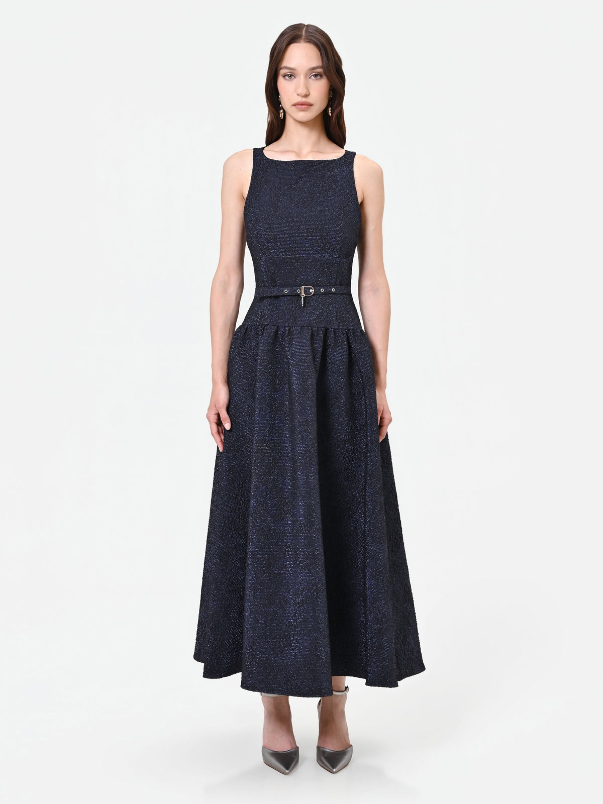 Abito blu navy jacquard con gonna ampia
