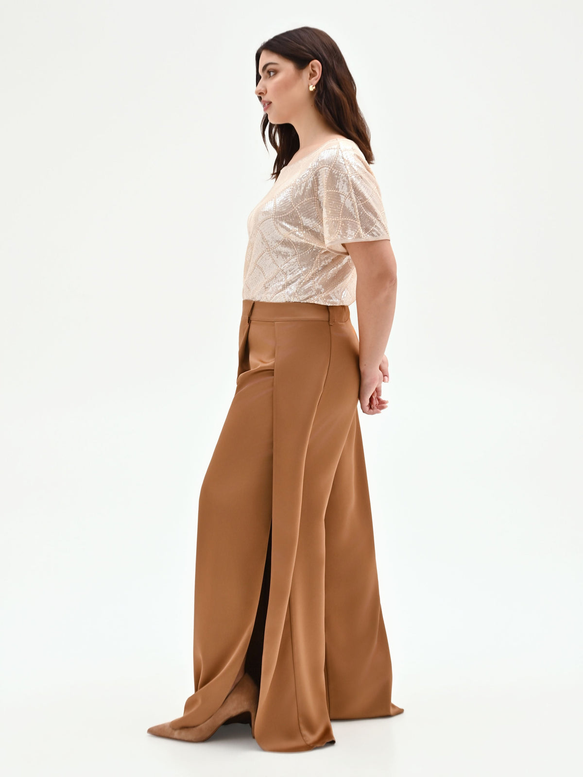 Pantalone curvy a palazzo marrone bronzo