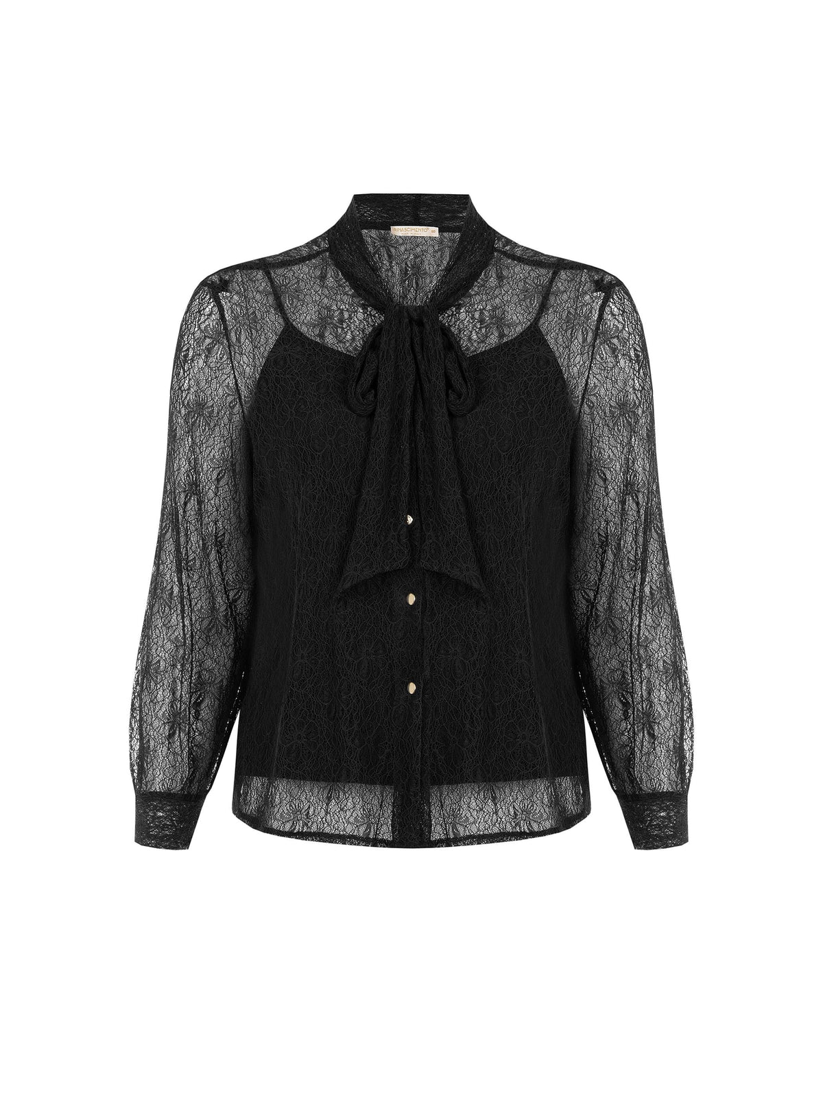 Camicia Curvy nera in pizzo con collo a fiocco