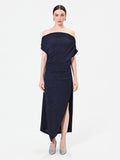 Abito lungo blu navy glitter con scollo drappeggiato