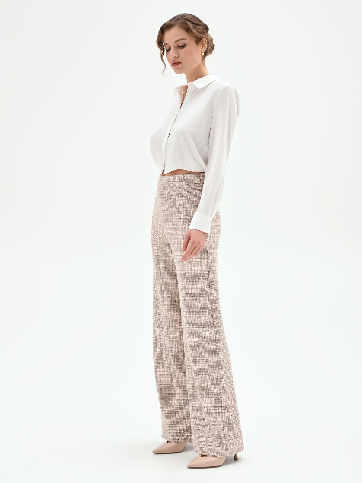 Pantalone a palazzo beige chiaro effetto tweed