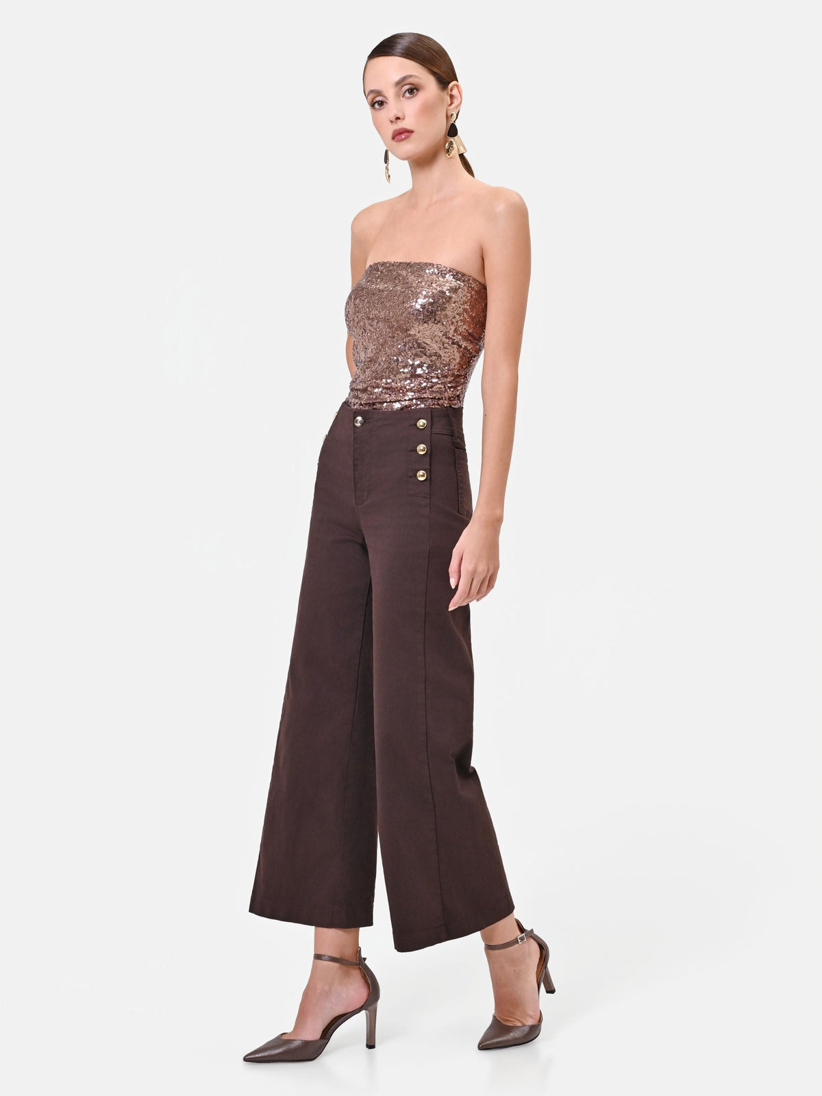 Pantaloni cropped moro con bottoni dorati