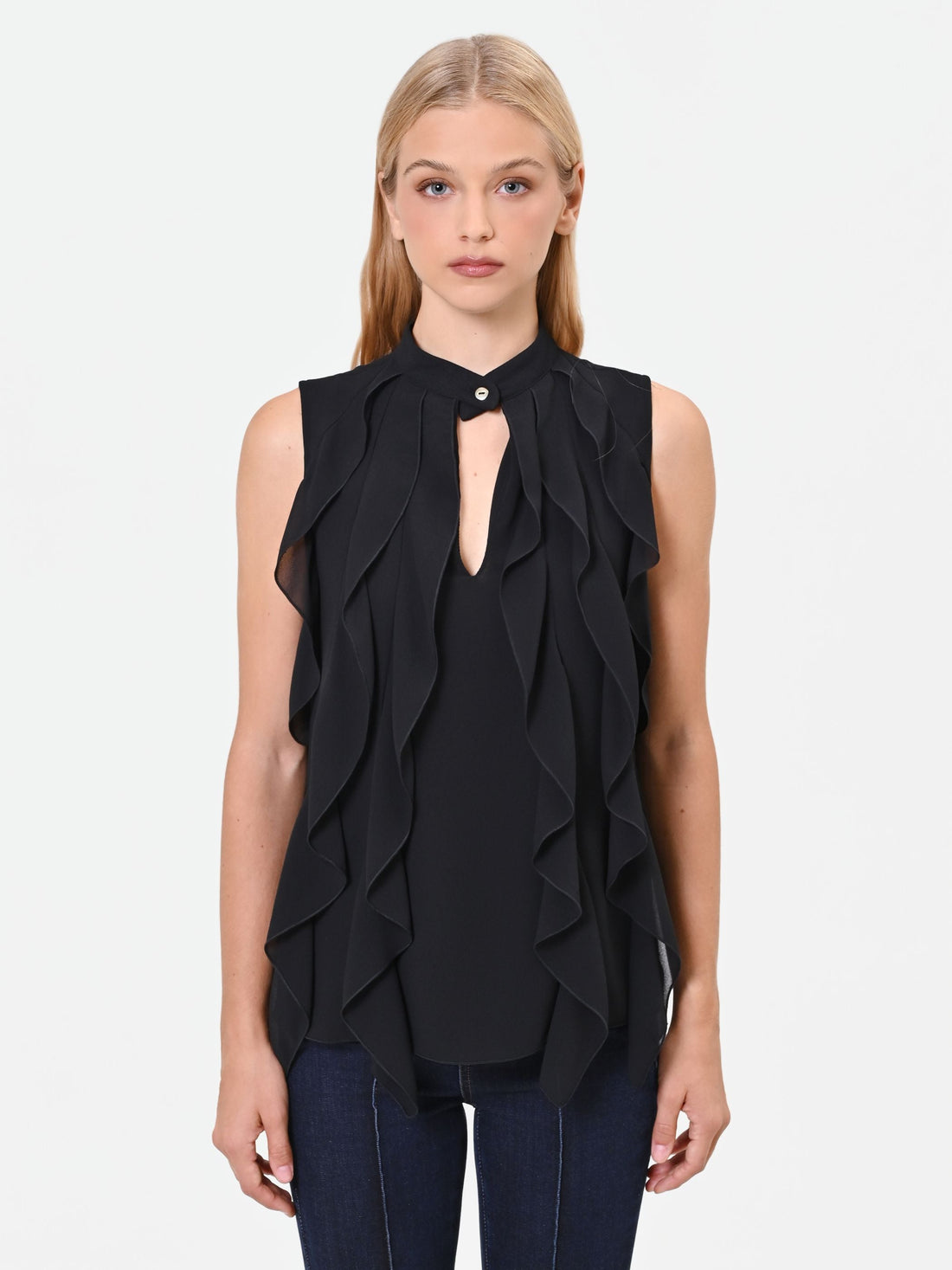 Top nero in georgette con rouches
