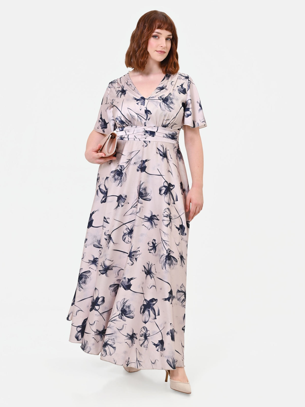 Abito Curvy  lungo a fiori blu navy in raso