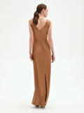 Abito lungo marrone bronzo con drappeggio asimmetrico