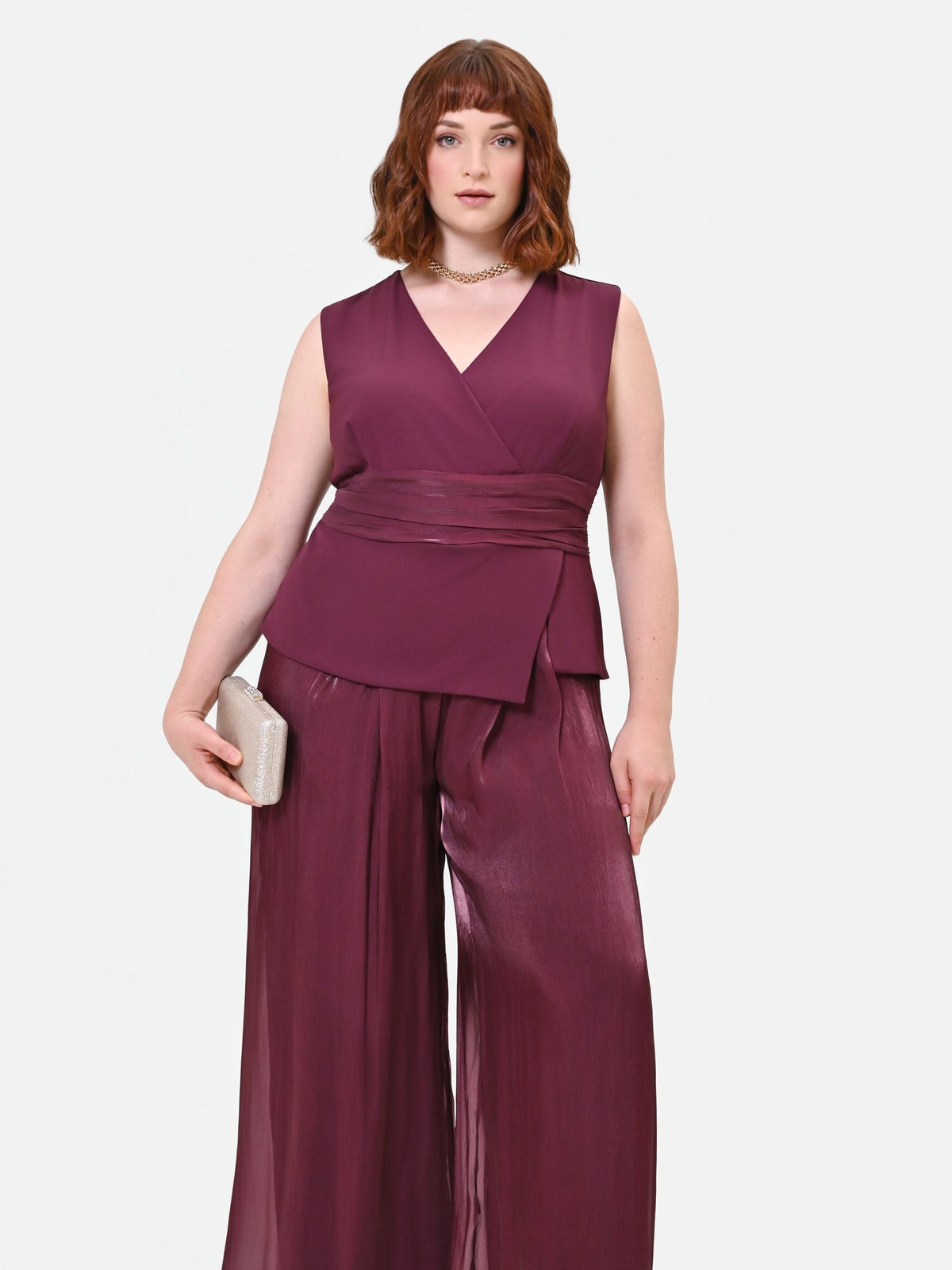 Tuta Curvy bimateriale drappeggiata bordeaux rosso