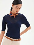 Maglia blu navy a costine con gioco di trasparenze