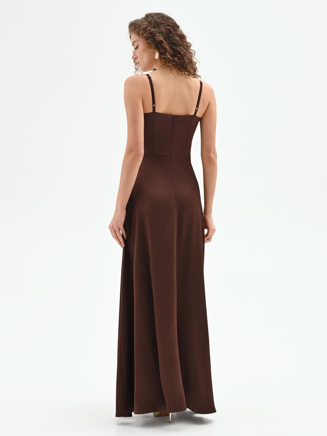 Abito lungo cioccolato con inserto in tulle