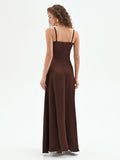 Abito lungo cioccolato con inserto in tulle