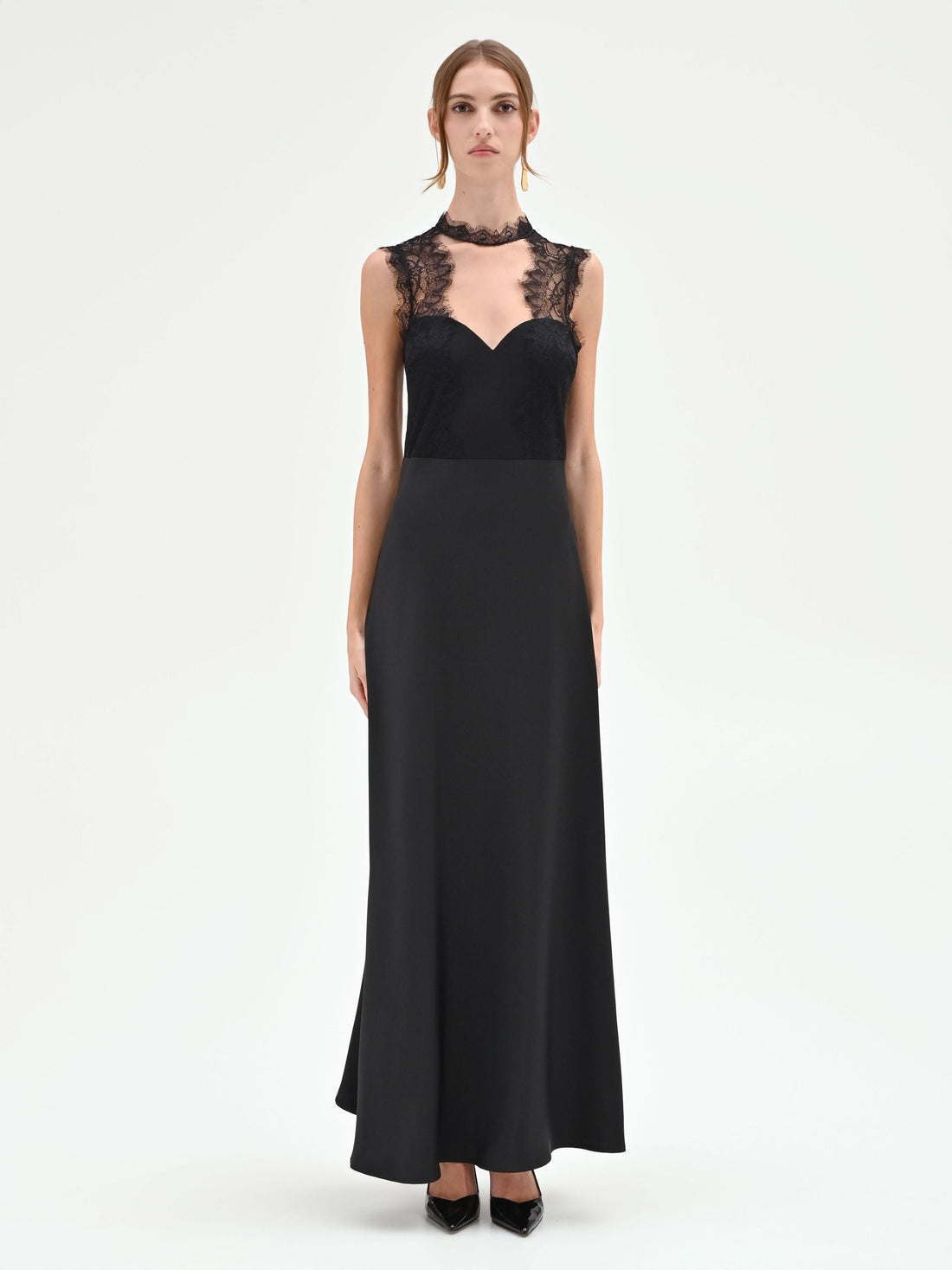 Abito lungo nero bustier in pizzo
