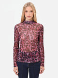 Blusa in tulle aderente rosso bordeaux con stampa animalier